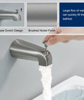 Slick Brushed Nickel Tub Shower Faucet Trim Kit With Smooth Single Handle Controls, water flowing from spout.
