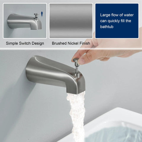 Slick Brushed Nickel Tub Shower Faucet Trim Kit With Smooth Single Handle Controls, water flowing from spout.