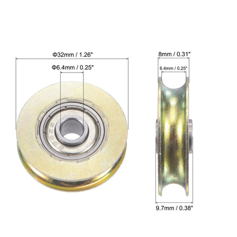 Heavy Duty U Groove Sliding Door Roller With 6.4mm Shaft And 32mm Bearing Steel Zinc Plated shown from front and side perspectives.