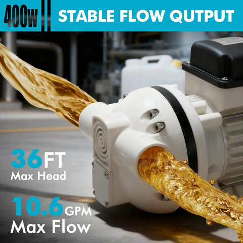 Tough As Nails Electric Diaphragm Transfer Pump With 10.6 Gpm Flow And 36 Ft Max Lift dispensing fluid in a workshop setting.