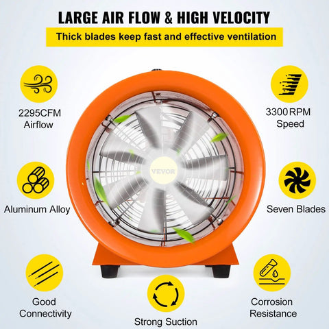 High Velocity Portable Axial Blower With 16 Ft Duct Hose, 12 Inch Fan, 2295 CFM Airflow, Durable Steel Frame, Front View