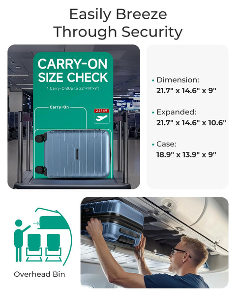 Blue hard-shell carry-on luggage with four spinner wheels for easy airline travel.