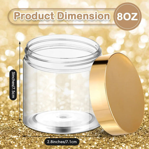 Hella Durable 12 Pack Of 8 Oz Round Clear Plastic Jars With Secure Twist Lids, Premium Pet Containers For Slime, Cosmetics, Travel Kit, And Pantry Storage With Gold Caps