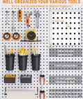 Pegboard Organizer Kit With 30 Pieces Including Bins, Baskets, Cups, Paper Towel Holder, Wire Tray And 18 Straight Hooks For 1/8 And 1/4 Inch Pegboards Garage, Workshop, Craft Room Storage Upgrade displayed on pegboard.