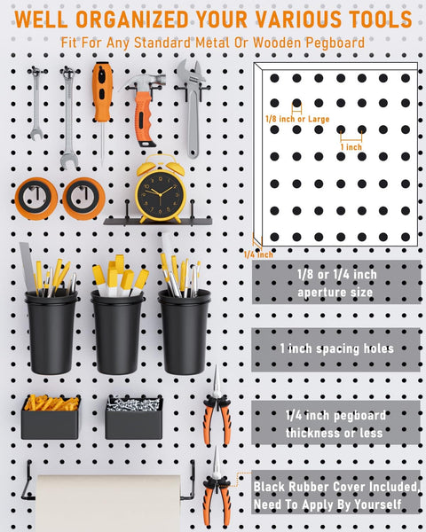 Pegboard Organizer Kit With 30 Pieces Including Bins, Baskets, Cups, Paper Towel Holder, Wire Tray And 18 Straight Hooks For 1/8 And 1/4 Inch Pegboards Garage, Workshop, Craft Room Storage Upgrade displayed on pegboard.