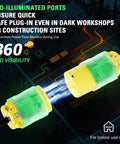 Lighted 20 Amp 125V Extension Cord End Replacement Plug With Green LED Power Indicator NEMA 5-20R Grounded Female Socket 2 Pole 3 Wire Straight Blade Plug UL Listed For Safe Heavy-Duty Electrical Connections, 360° LED view