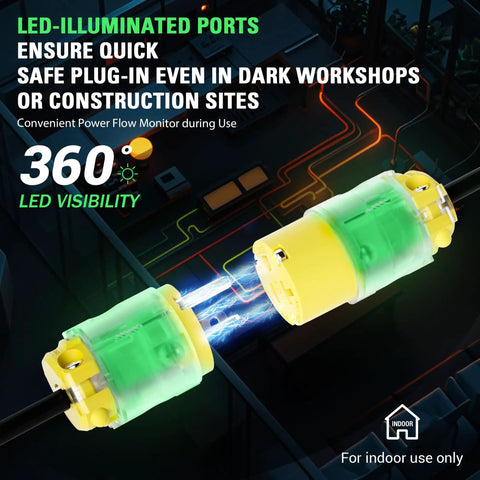 Lighted 20 Amp 125V Extension Cord End Replacement Plug With Green LED Power Indicator NEMA 5-20R Grounded Female Socket 2 Pole 3 Wire Straight Blade Plug UL Listed For Safe Heavy-Duty Electrical Connections, 360° LED view