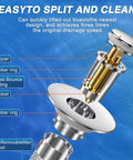 Exploded view of a 2-pack pop-up bathroom sink drain stopper with removable stainless steel filter basket.