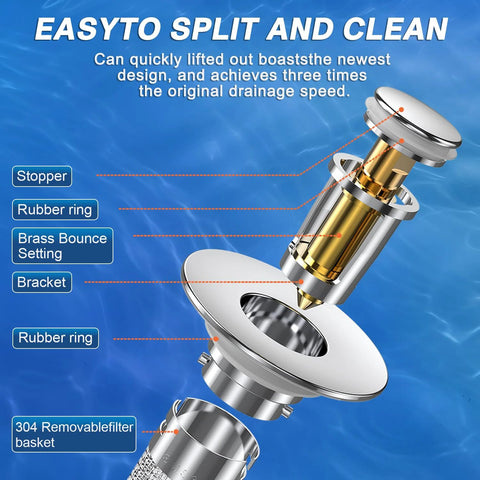 Exploded view of a 2-pack pop-up bathroom sink drain stopper with removable stainless steel filter basket.