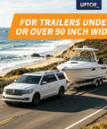 Super Long 26 Foot 4-Way Flat Trailer Wiring Harness With Pure Copper And Nylon Sleeve For Boat Rv Utility Trailers Up To Over Eighty Inches Wide. white SUV towing boat trailer on coastal road
