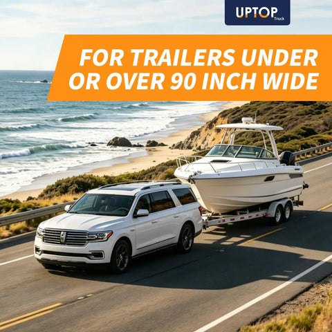 Super Long 26 Foot 4-Way Flat Trailer Wiring Harness With Pure Copper And Nylon Sleeve For Boat Rv Utility Trailers Up To Over Eighty Inches Wide. white SUV towing boat trailer on coastal road