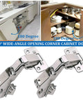 2 Pack 180 Degree Concealed Hydraulic Cabinet Hinges With 3D Adjustable Clip On Plates For Face Frame Kitchen Doors Soft Close And Silent Operation Full Overlay Durable Steel Construction Easy No Fuss Installation In Corner Cabinets And Pantry Storage, showing hinges and cabinet application