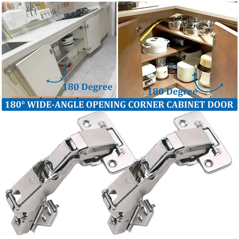 2 Pack 180 Degree Concealed Hydraulic Cabinet Hinges With 3D Adjustable Clip On Plates For Face Frame Kitchen Doors Soft Close And Silent Operation Full Overlay Durable Steel Construction Easy No Fuss Installation In Corner Cabinets And Pantry Storage, showing hinges and cabinet application