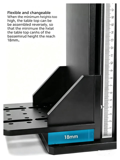Close-up of the base of Heavy Duty Precision Z Axis Linear Slide With Long Travel Lab Lifting Platform showing 18mm height adjustment.