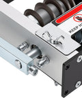Close-up of adjustable manual wire stripper drill attachment tool with durable V groove rollers for electric wires.