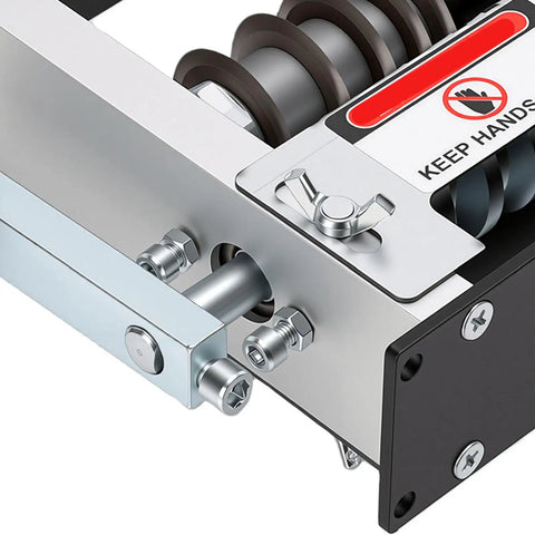 Close-up of adjustable manual wire stripper drill attachment tool with durable V groove rollers for electric wires.