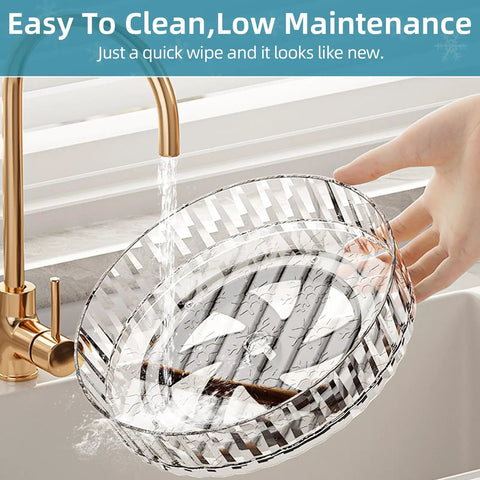 Compact Clear Acrylic Lazy Susan Organizer 8 Inch Turntable being rinsed under faucet, showing easy clean design.