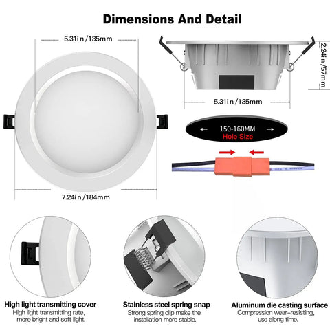 Six Inch 15W RGBCW Bluetooth Recessed Downlight Kit dimensions and material details