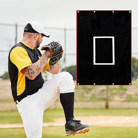 Baseball player pitching with Portable Baseball Batting Backstop 4x6 Ft PVC Vinyl Quick Setup Backdrop nearby on field