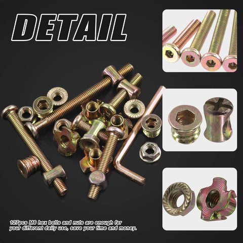 128Pcs M6 Wood Hardware Kit for Baby Cribs with hex socket cap bolts, barrel nuts, threaded inserts, flange nuts and Allen wrench
