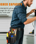Man wearing Rugged Tool Pouch With Belt For Electricians Mechanics And Carpenters; features 12 storage pockets; tool-filled view.