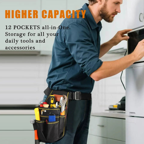 Man wearing Rugged Tool Pouch With Belt For Electricians Mechanics And Carpenters; features 12 storage pockets; tool-filled view.