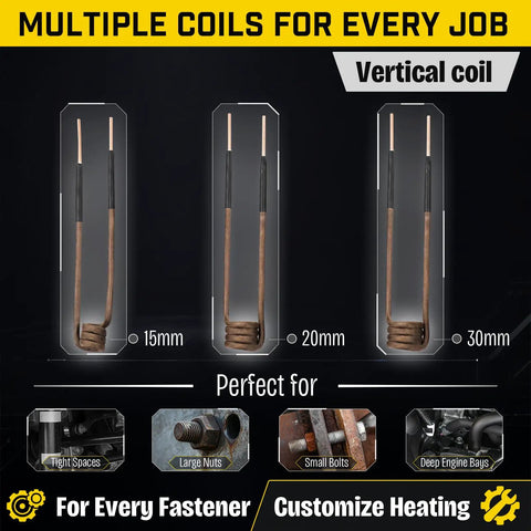 1300W Magnetic Induction Heating Kit With Swappable Coils For Torch Free Removal Of Blasted Rusted Bolts Seized Bearings And Thread Locked Fasteners shows 15mm, 20mm, 30mm coils.