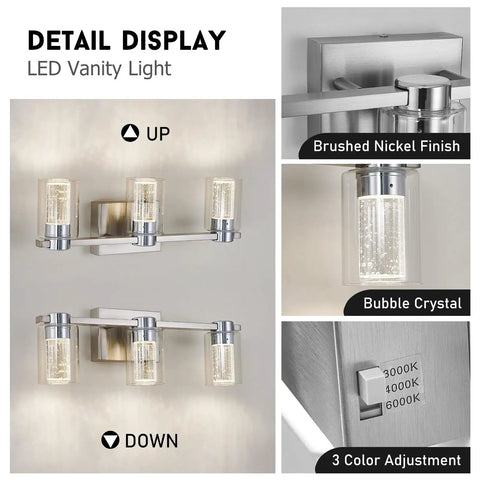 Detail display of Three Light Brushed Nickel Vanity Light With Crystal Glass Shade 3000K 4000K 6000K Color Temperature Eye Protection LED Wall Sconce Over Mirror Modern Dope Bathroom Fixture, showing brushed nickel finish, bubble crystal, and 3 color adjustment feature.