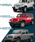 Three Jeep vehicles compatible with Aluminum Alloy Sun Visor Repair Kit For Jeep Wrangler JK JL And Gladiator Keeps Your Sagging Visor Tight And Secure With Easy Install American Flag Sun Visor Clips For 2018 2019 2020 2021 2022 2023 Models.
