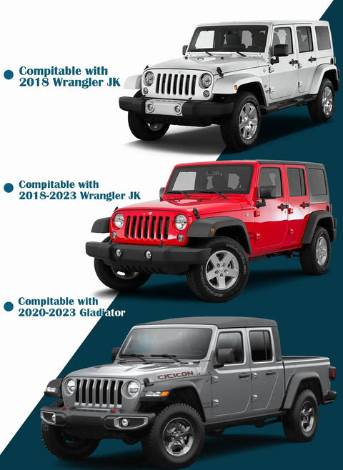 Three Jeep vehicles compatible with Aluminum Alloy Sun Visor Repair Kit For Jeep Wrangler JK JL And Gladiator Keeps Your Sagging Visor Tight And Secure With Easy Install American Flag Sun Visor Clips For 2018 2019 2020 2021 2022 2023 Models.