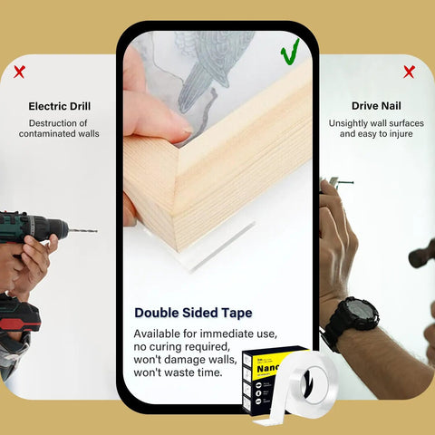 Four Pack Double Sided Mounting Tape 1.2 Inch By 120 Inch Heavy Duty Adhesive securing frame to wall, alternative to drill and nail