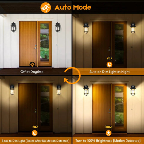 Set Of 2 Motion Sensor Outdoor Wall Lanterns No Brainer Setup Dusk To Dawn Waterproof Exterior Sconce showing lighting modes