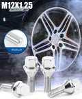Rock Solid M12 X 1.25 Oem Wheel Lug Bolts Featuring 28Mm Shanks and Tapered Cone Seats, close-up of chrome bolts with a wheel backdrop.