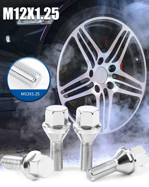Rock Solid M12 X 1.25 Oem Wheel Lug Bolts Featuring 28Mm Shanks and Tapered Cone Seats, close-up of chrome bolts with a wheel backdrop.
