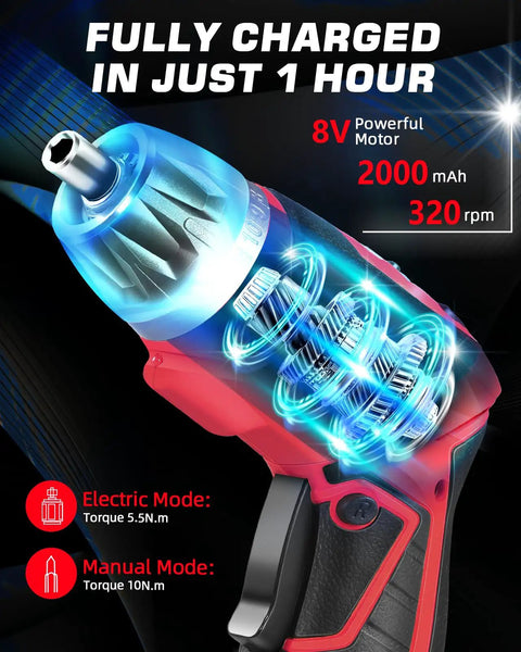 Badass Cordless Electric Screwdriver Drill Set showcasing 8V motor, electric/manual modes, and LED indicator for home repairs.