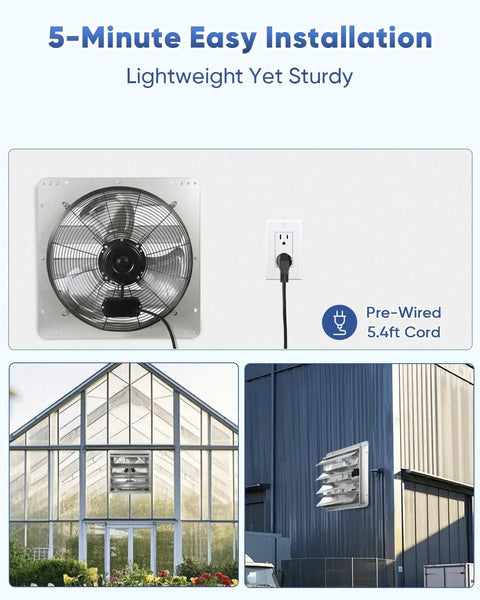 18 Inch Shutter Exhaust Fan High Speed Wall Mounted Vent Fan 2450 CFM with 1.65m Power Cord installed in greenhouse and shed.