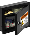 Rock Solid In Wall Steel Safe With Concealed Panel And Discreet Front Fits 16 Inch Studs Key Lock Security Cabinet, open view
