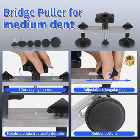 Bridge puller for medium dent repair with adjustable nuts and rubber bottom from DIY Friendly Car Dent Repair Tool Kit.