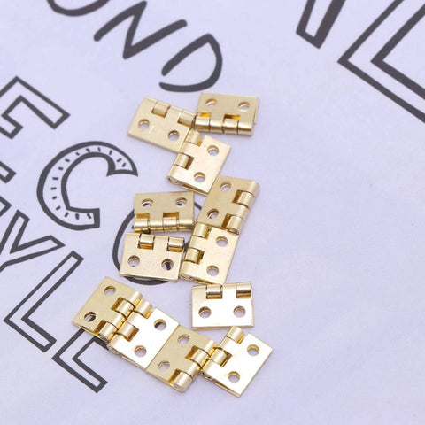Mini Brass Cabinet Hinges For 1 To 12 Dollhouse Furniture With 48 Screws, 12 pcs shown on white background, 10 by 8 mm size.