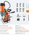 1400W Magnetic Drill Press With Six Coring Bits, 2 Inch Boring Diameter Portable Electric Mag Drill for hard metal surfaces displayed with accessories.