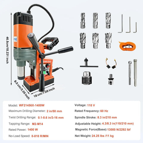 1400W Magnetic Drill Press With Six Coring Bits, 2 Inch Boring Diameter Portable Electric Mag Drill for hard metal surfaces displayed with accessories.