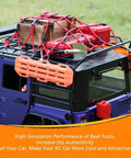 RC Crawler Accessories Kit For One Tenth Scale Rigs With Roof Box Wood Box Luggage Net Fuel Box Shovel Fire Extinguisher Recovery Board And Storage Tank For Off Road Crawlers Gear Up installed on RC vehicle.