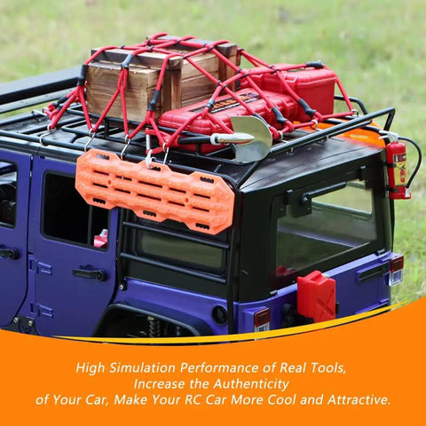 RC Crawler Accessories Kit For One Tenth Scale Rigs With Roof Box Wood Box Luggage Net Fuel Box Shovel Fire Extinguisher Recovery Board And Storage Tank For Off Road Crawlers Gear Up installed on RC vehicle.