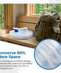 Collapsible Water Container With Spigot 10L Portable Camping Water Jug and backpack on bench