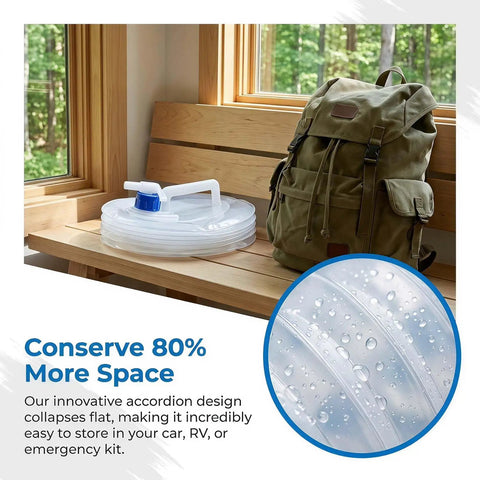 Collapsible Water Container With Spigot 10L Portable Camping Water Jug and backpack on bench