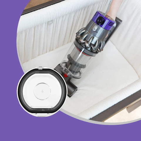 Dust Bin Lid Replacement For Dyson V7 V8 SV10 SV11 Vacuum Cleaner shown in use with clear plastic lid detail.