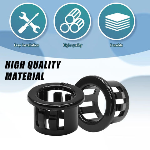 50 Pack 1/2 Inch Cable Snap Bushing Grommet Protector Black Round Nylon, durable snap-in design with high quality material text