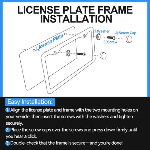 Installation diagram for Matte Black License Plate Frame No Cover State Name Universal Car Plate Frame With Two Holes Premium Rust Proof Aluminum