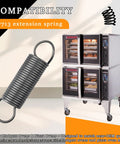17713 Extension Spring for commercial ovens, shown with Blodgett ovens, heavy-duty design for precise door angle and thermal seal.