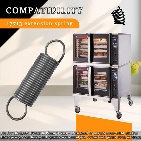 17713 Extension Spring for commercial ovens, shown with Blodgett ovens, heavy-duty design for precise door angle and thermal seal.